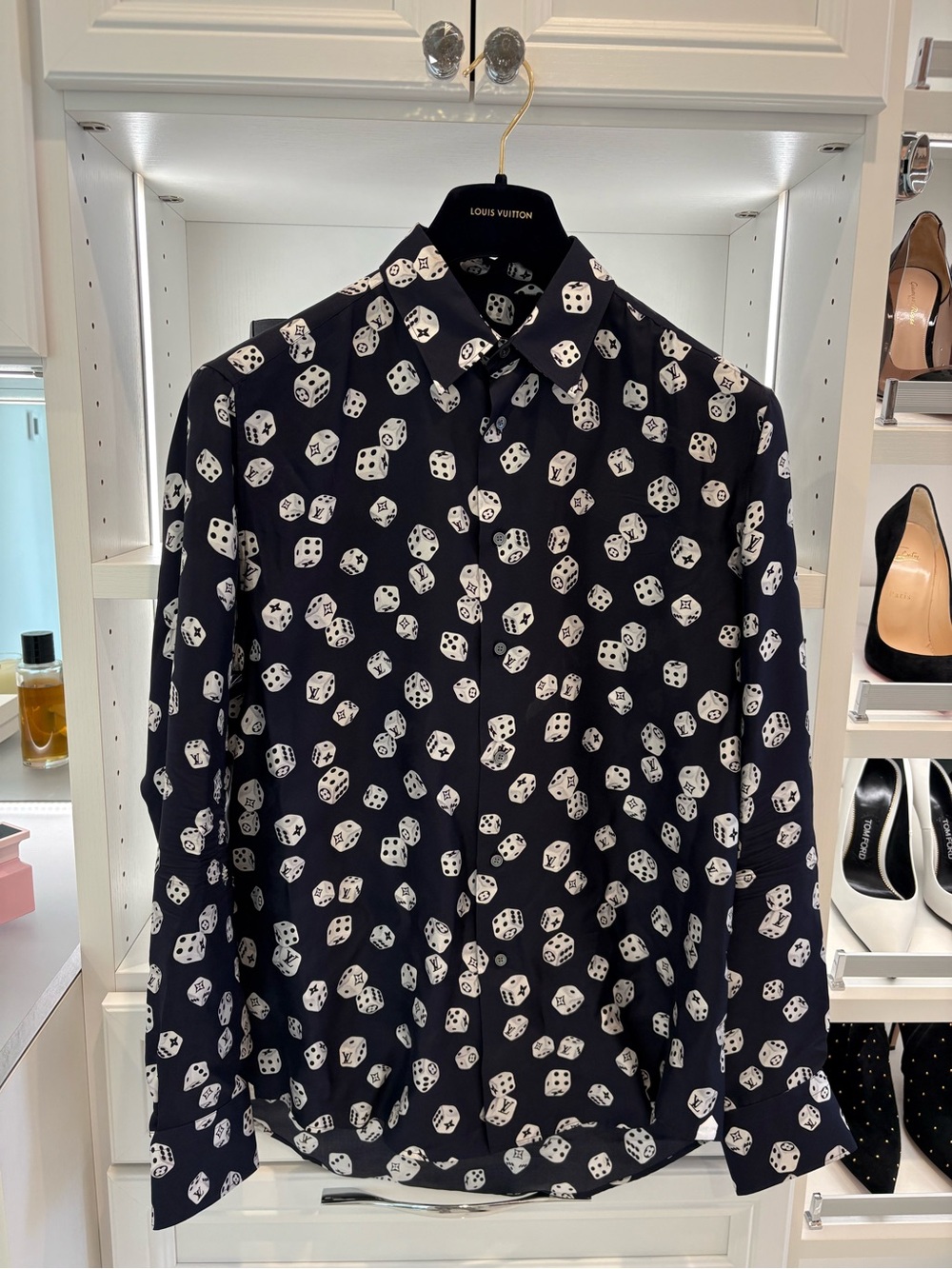 Louis Vuitton Deep Navy Blue Button-Down Shirt with White Dice Print